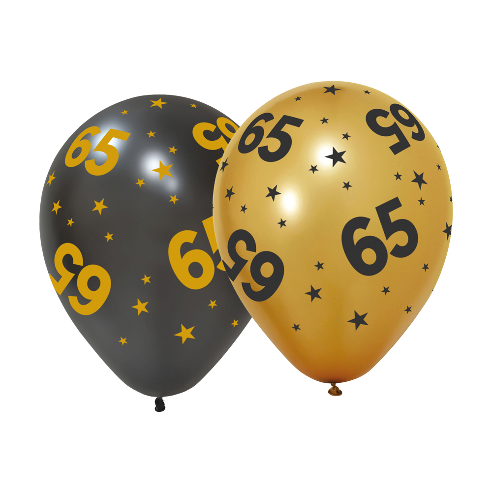 Goud en zwarte ballonnen 65 jaar met sterren, 6 stuks van 31 cm