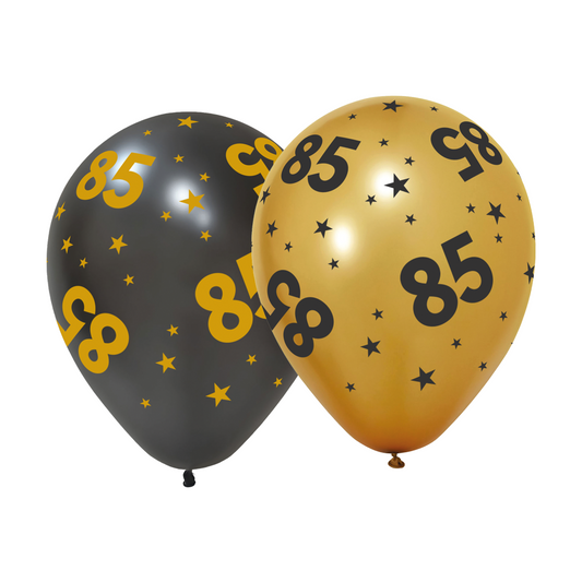 Goud en zwarte ballonnen 85 jaar met sterren, 6 stuks van 31 cm