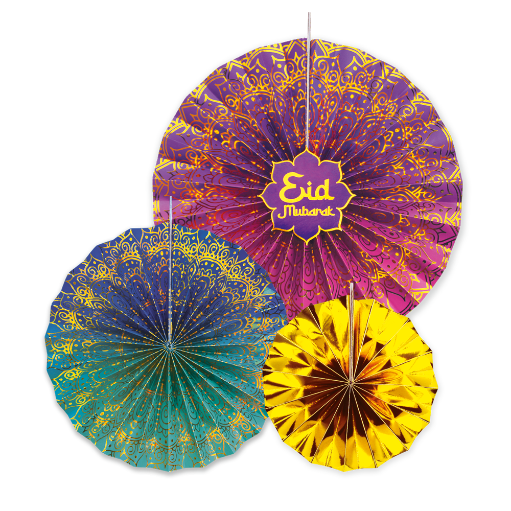 Papieren waaiers Eid Mubarak (3 stuks)