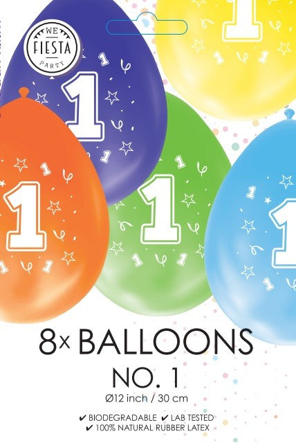 Gekleurde verjaardagsballonnen 1 jaar, 8 stuks van 30 cm