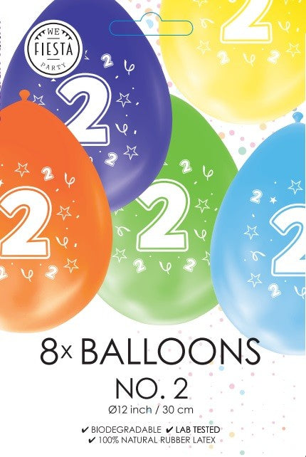 Gekleurde verjaardagsballonnen 2 jaar, 8 stuks van 30 cm