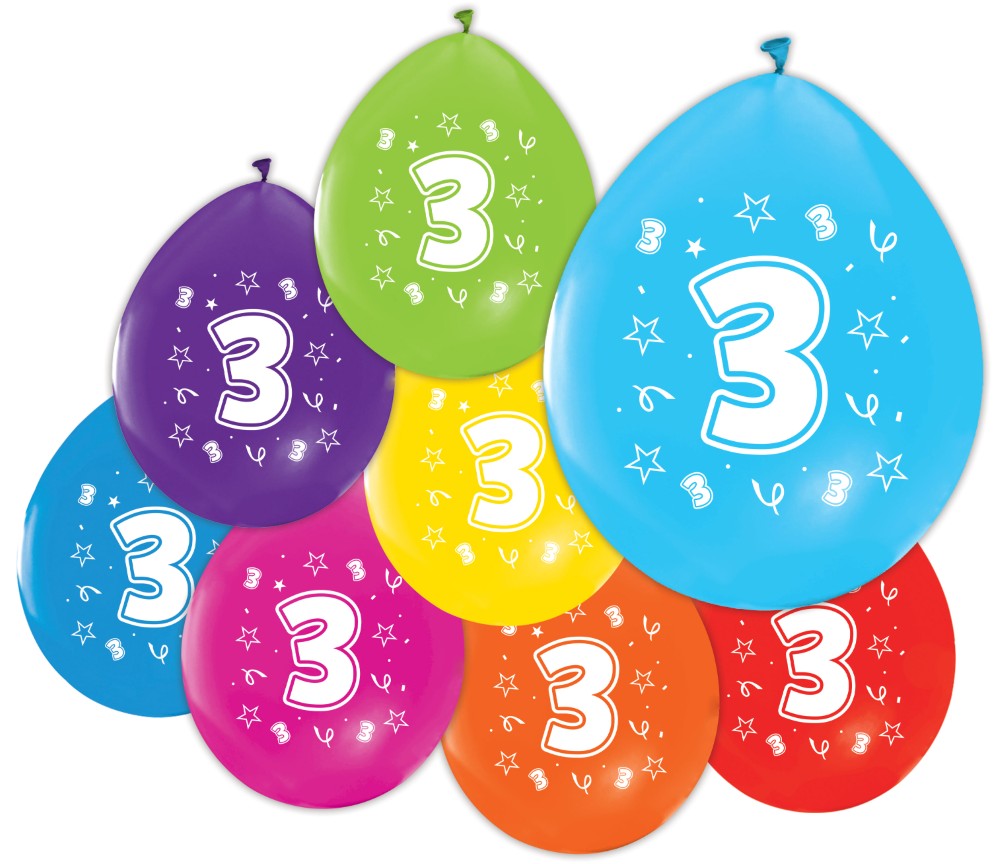Gekleurde verjaardagsballonnen 3 jaar, 8 stuks van 30 cm — tweede productfoto