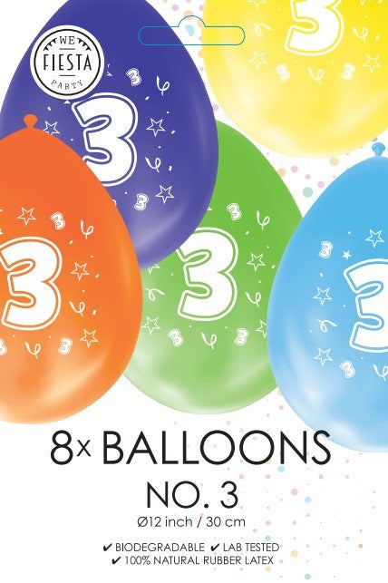 Gekleurde verjaardagsballonnen 3 jaar, 8 stuks van 30 cm