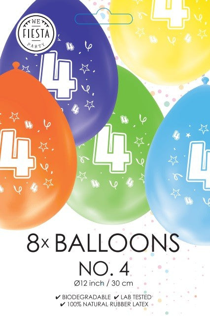 Gekleurde verjaardagsballonnen 4 jaar, 8 stuks van 30 cm