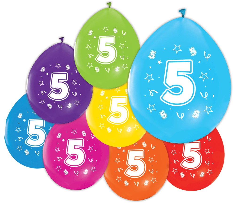 Gekleurde verjaardagsballonnen 5 jaar, 8 stuks van 30 cm — tweede productfoto