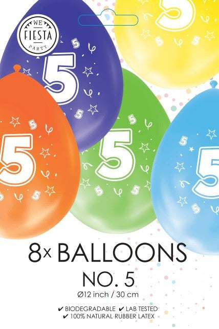 Gekleurde verjaardagsballonnen 5 jaar, 8 stuks van 30 cm