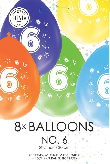 Gekleurde verjaardagsballonnen 6 jaar, 8 stuks van 30 cm