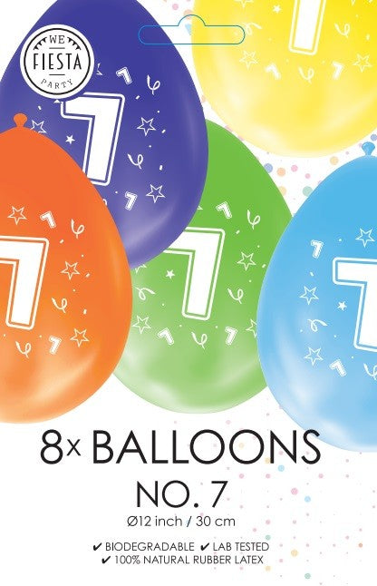 Gekleurde verjaardagsballonnen 7 jaar, 8 stuks van 30 cm