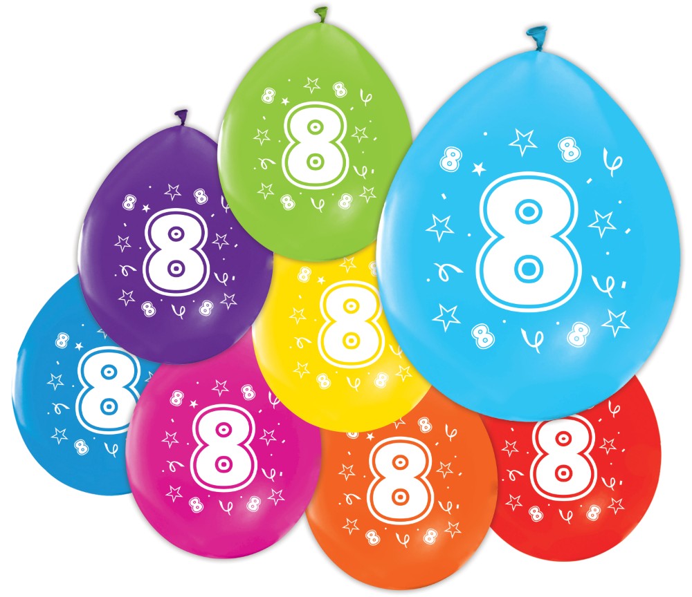Gekleurde verjaardagsballonnen 8 jaar, 8 stuks van 30 cm — tweede productfoto