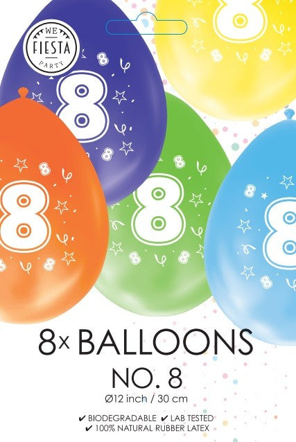Gekleurde verjaardagsballonnen 8 jaar, 8 stuks van 30 cm