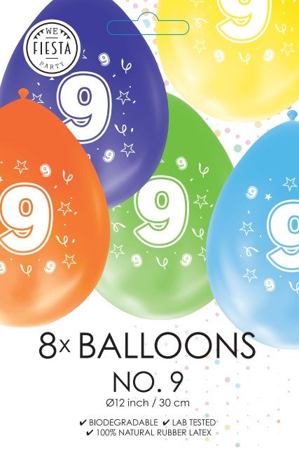 Gekleurde verjaardagsballonnen 9 jaar, 8 stuks van 30 cm