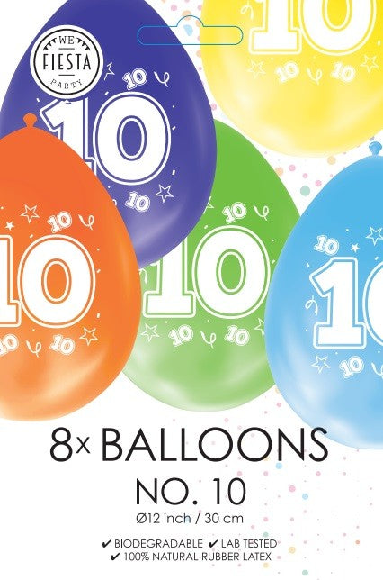 Gekleurde verjaardagsballonnen 10 jaar, 8 stuks van 30 cm