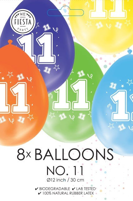 Gekleurde verjaardagsballonnen 11 jaar, 8 stuks van 30 cm