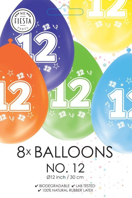 Gekleurde verjaardagsballonnen 12 jaar, 8 stuks van 30 cm