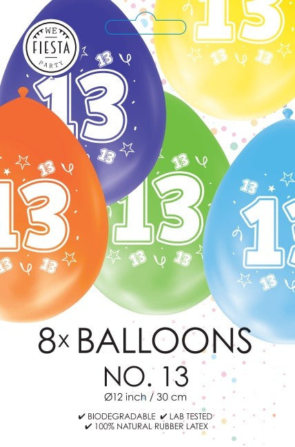Gekleurde verjaardagsballonnen 13 jaar, 8 stuks van 30 cm