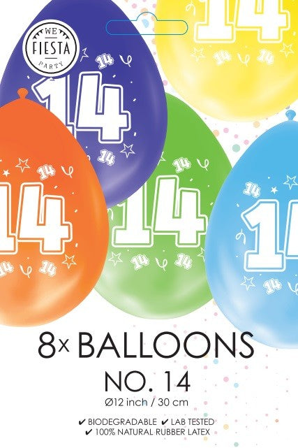 Gekleurde verjaardagsballonnen 14 jaar, 8 stuks van 30 cm