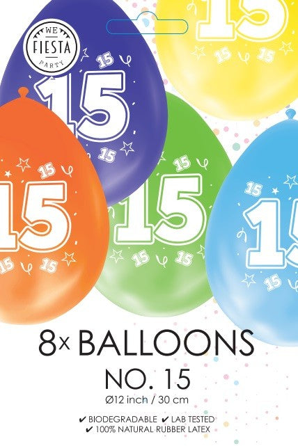 Gekleurde verjaardagsballonnen 15 jaar, 8 stuks van 30 cm