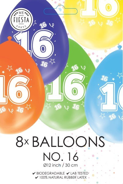 Gekleurde verjaardagsballonnen 16 jaar, 8 stuks van 30 cm