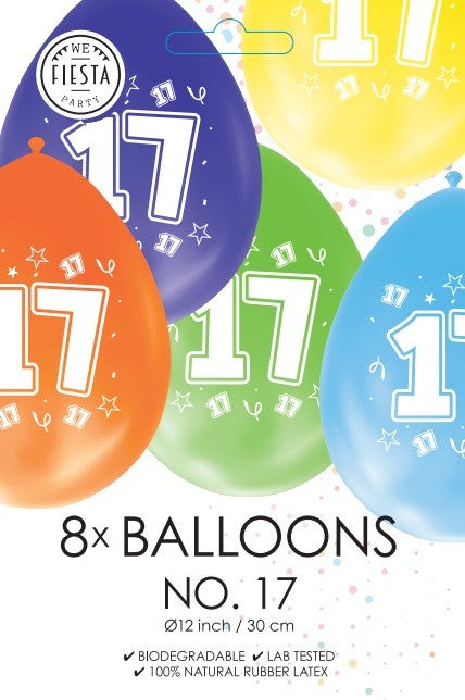 Gekleurde verjaardagsballonnen 17 jaar, 8 stuks van 30 cm