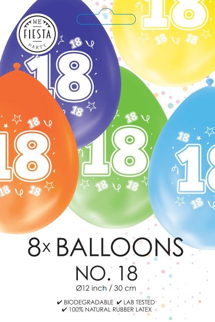 Gekleurde verjaardagsballonnen 18 jaar, 8 stuks van 30 cm