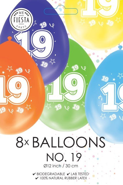 Gekleurde verjaardagsballonnen 19 jaar, 8 stuks van 30 cm