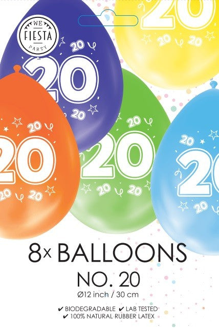 Gekleurde verjaardagsballonnen 20 jaar, 8 stuks van 30 cm
