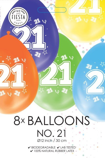 Gekleurde verjaardagsballonnen 21 jaar, 8 stuks van 30 cm