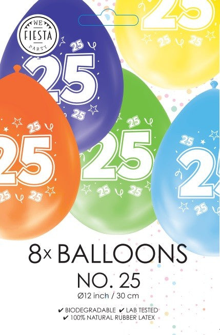 Gekleurde verjaardagsballonnen 25 jaar, 8 stuks van 30 cm