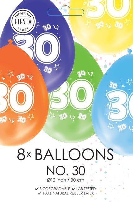 Gekleurde verjaardagsballonnen 30 jaar, 8 stuks van 30 cm