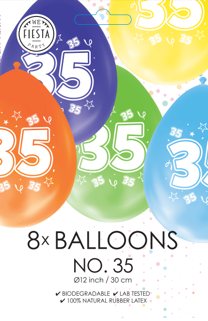 Gekleurde verjaardagsballonnen 35 jaar, 8 stuks van 30 cm