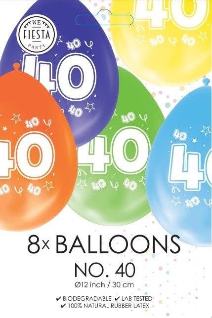Gekleurde verjaardagsballonnen 40 jaar, 8 stuks van 30 cm