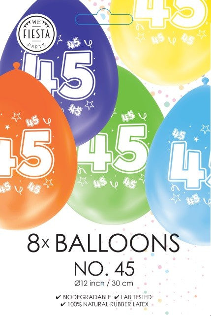 Gekleurde verjaardagsballonnen 45 jaar, 8 stuks van 30 cm