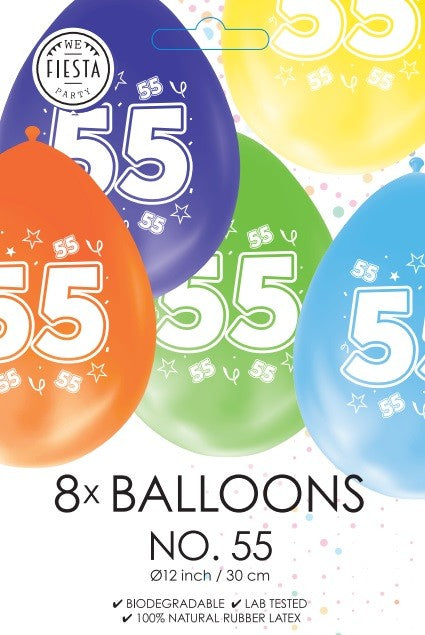 Gekleurde verjaardagsballonnen 55 jaar, 8 stuks van 30 cm