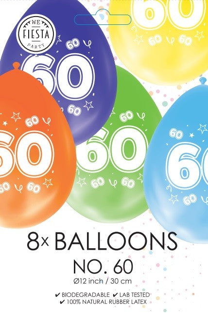 Gekleurde verjaardagsballonnen 60 jaar, 8 stuks van 30 cm