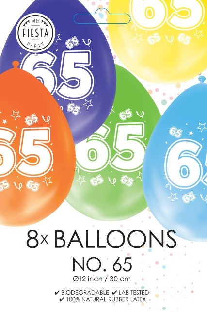 Gekleurde verjaardagsballonnen 65 jaar, 8 stuks van 30 cm