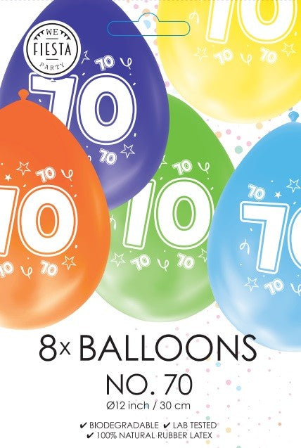 Gekleurde verjaardagsballonnen 70 jaar, 8 stuks van 30 cm