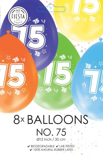Gekleurde verjaardagsballonnen 75 jaar, 8 stuks van 30 cm