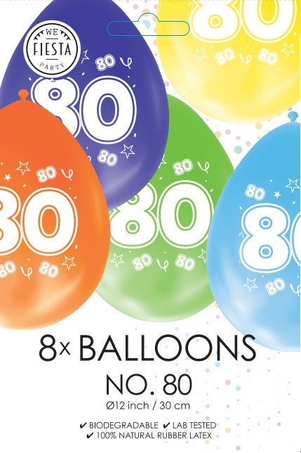 Gekleurde verjaardagsballonnen 80 jaar, 8 stuks van 30 cm