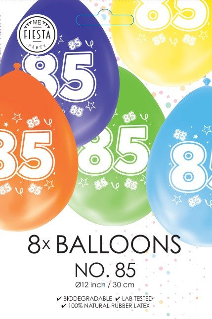 Gekleurde verjaardagsballonnen 85 jaar, 8 stuks van 30 cm