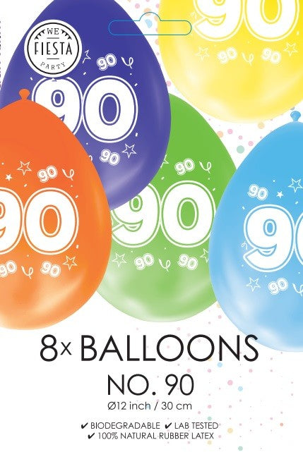 Gekleurde verjaardagsballonnen 90 jaar, 8 stuks van 30 cm