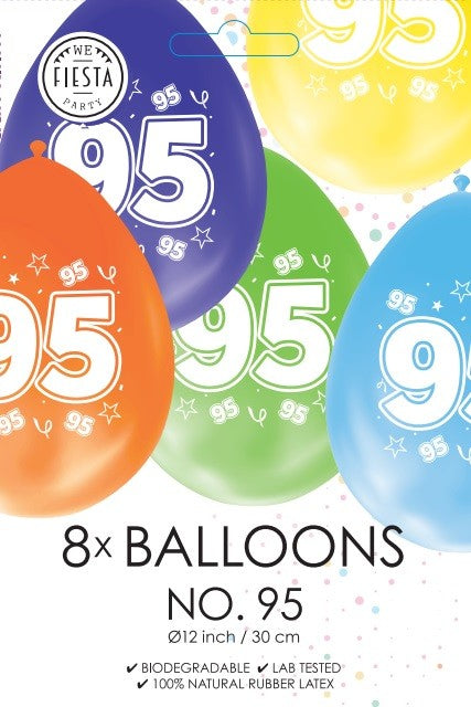 Gekleurde verjaardagsballonnen 95 jaar, 8 stuks van 30 cm