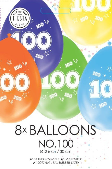 Gekleurde verjaardagsballonnen 100 jaar, 8 stuks van 30 cm
