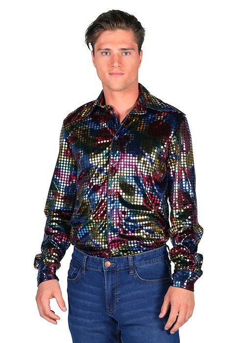 Disco blouse heren zwart regenboogglitter