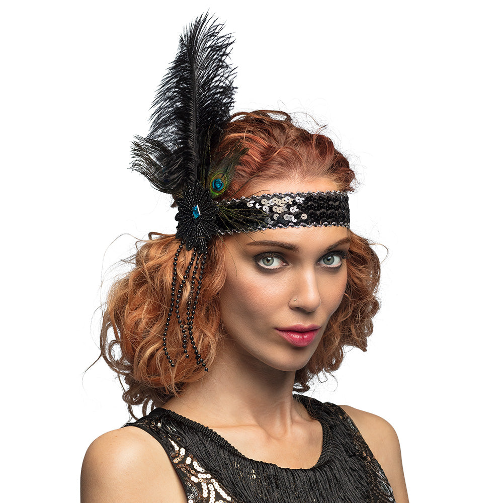 Hoofdband flapper Iris zwart met veren