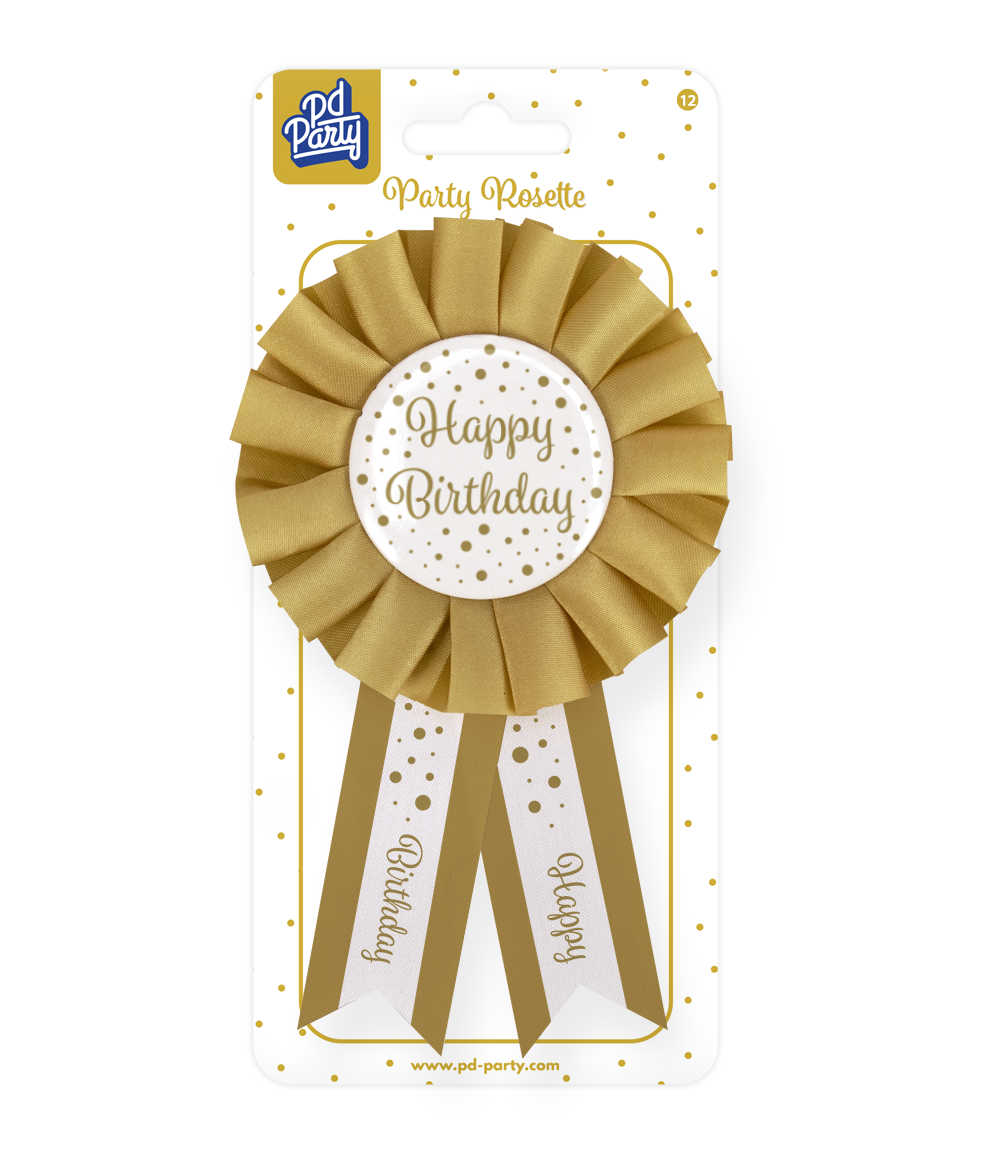 Rozet goud / wit - Happy Birthday