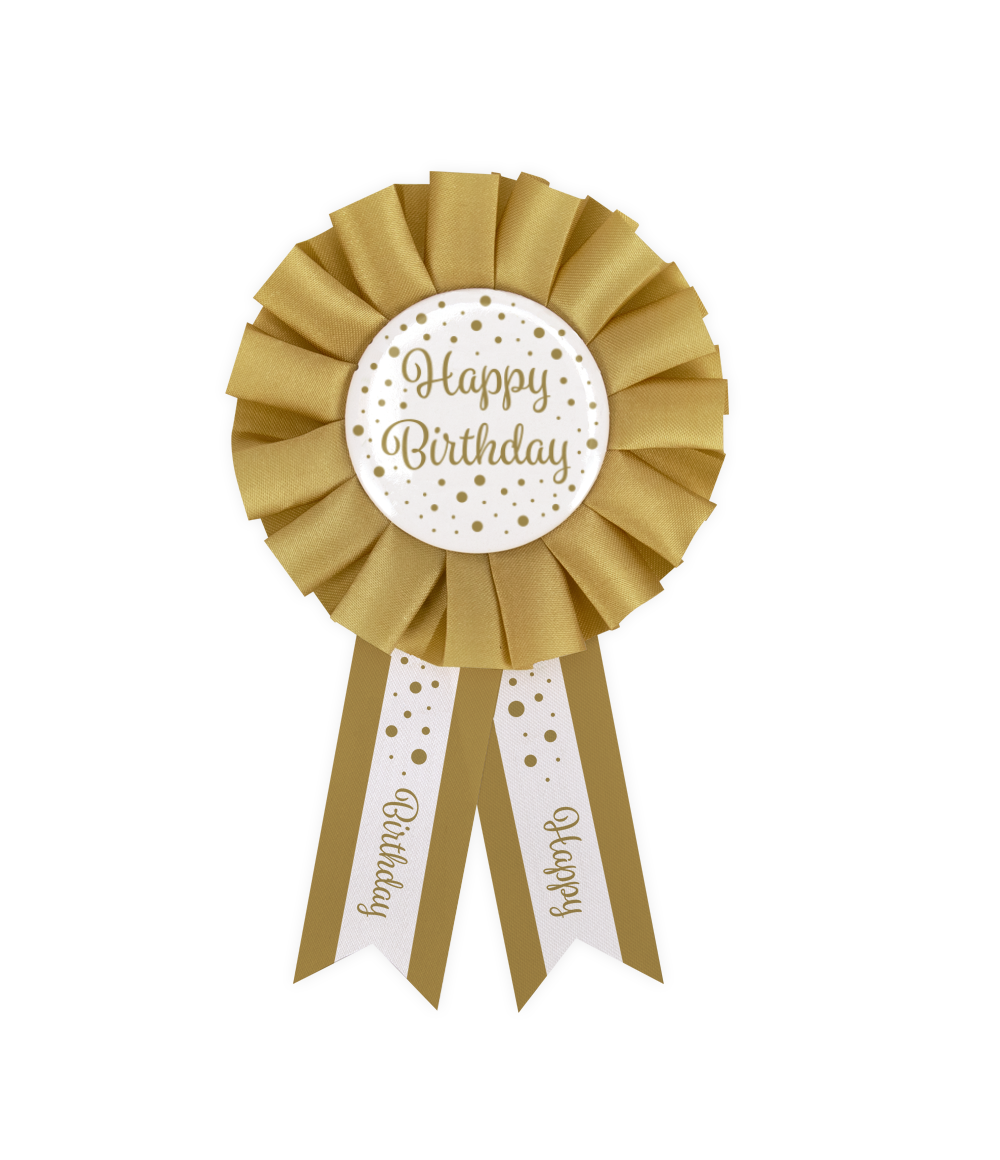 Rozet goud / wit - Happy Birthday