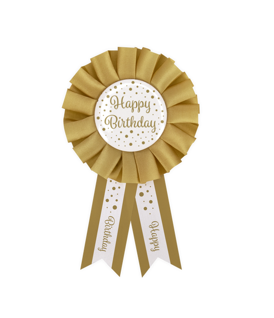 Rozet goud / wit - Happy Birthday
