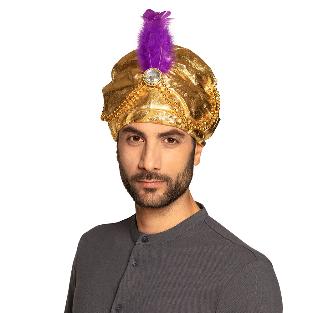Tulband sultan goud met paarse veer