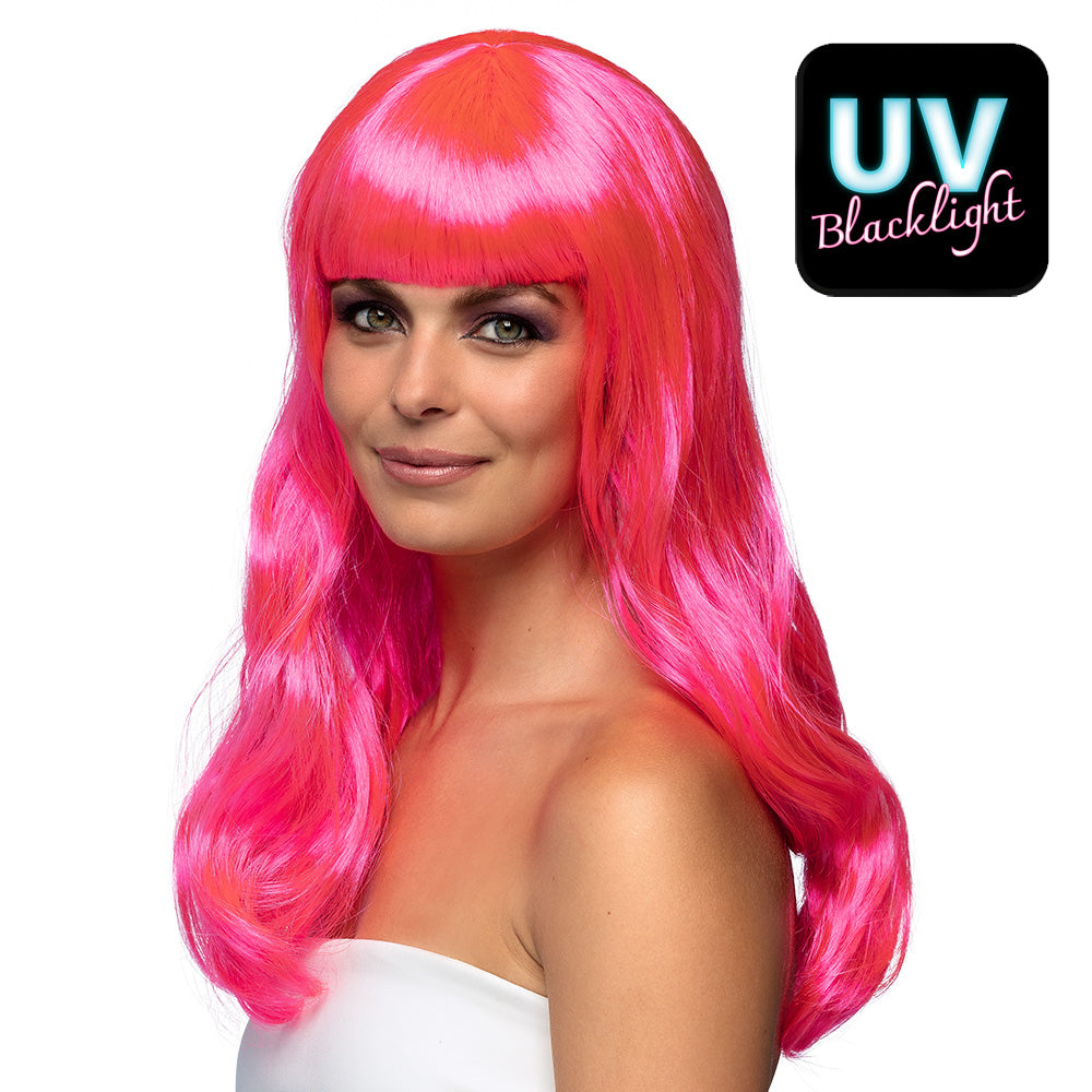 Pruik lang met pony neonroze