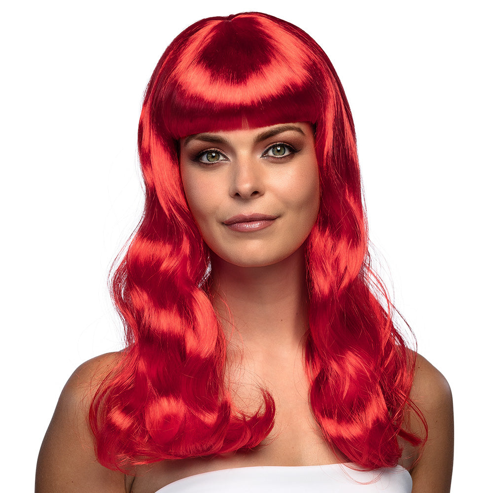 Pruik lang met pony rood